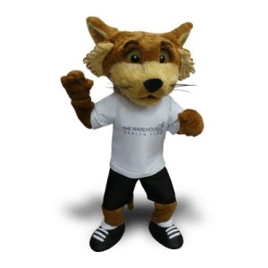 Mascots are great to engage with potential clients and customers. This fox cub is dressed up and ready for the health club - looking for friends to join him there along the way (via a few black bin bags, looking for food)